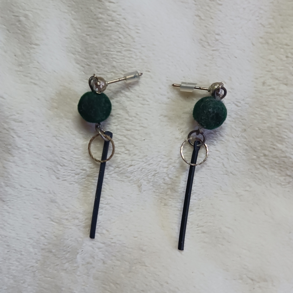 Black Bar Earrings with Green Pompoms | Pre-Owned